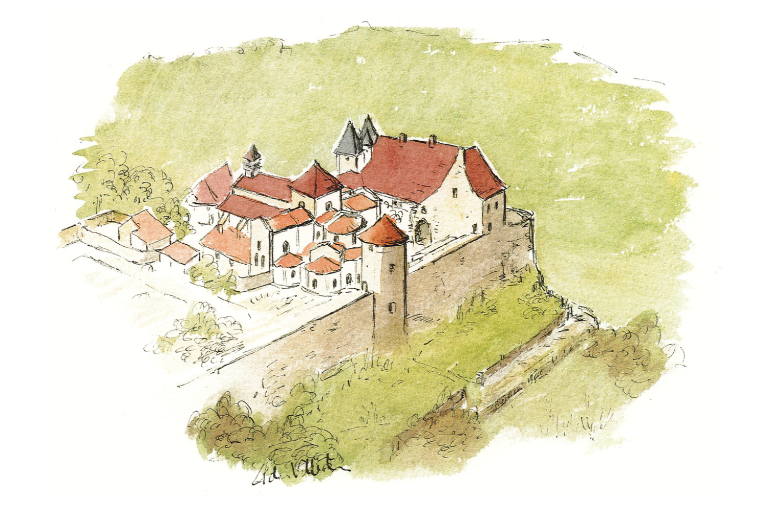 aquarelle vue aérienne abbaye